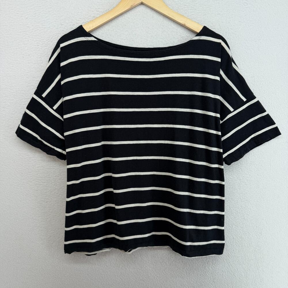 EILEEN FISHER Top XL Slub Organic Cotton Jersey Striped Short Sleeve Basic Black